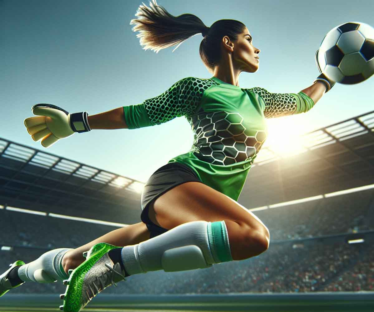 Female soccer goalkeeper diving for a save, showcasing the specialized armored goalkeeper undershirt under her jersey.