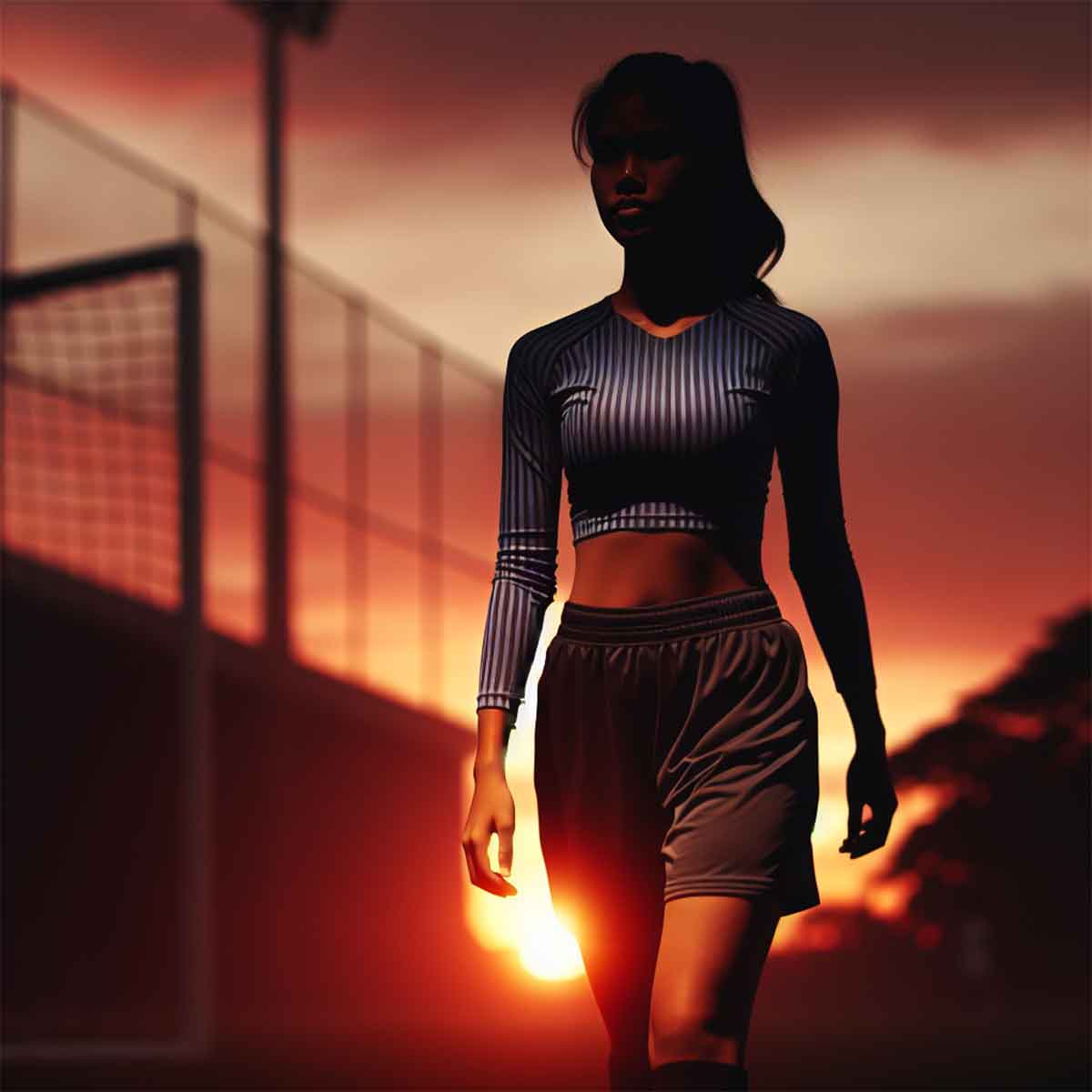 Silhouette of a female soccer player geared up with performance-supportive undergarments, ready to take on the match.