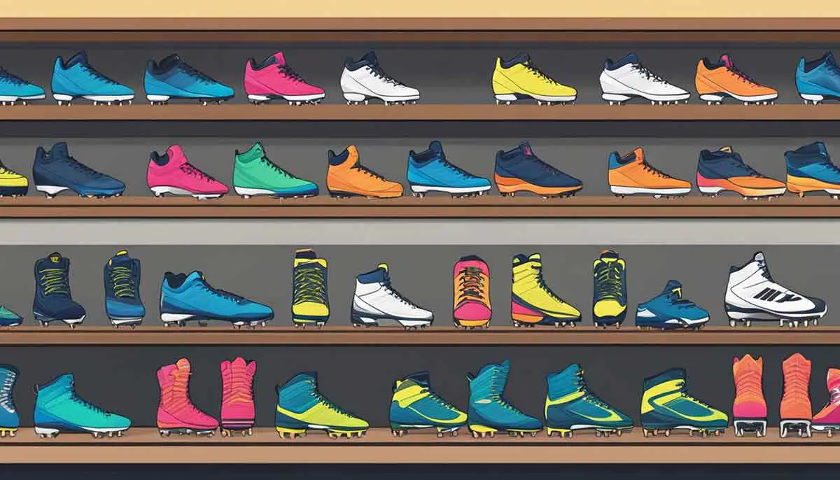 Lots of softball cleats nicely stored in shelves